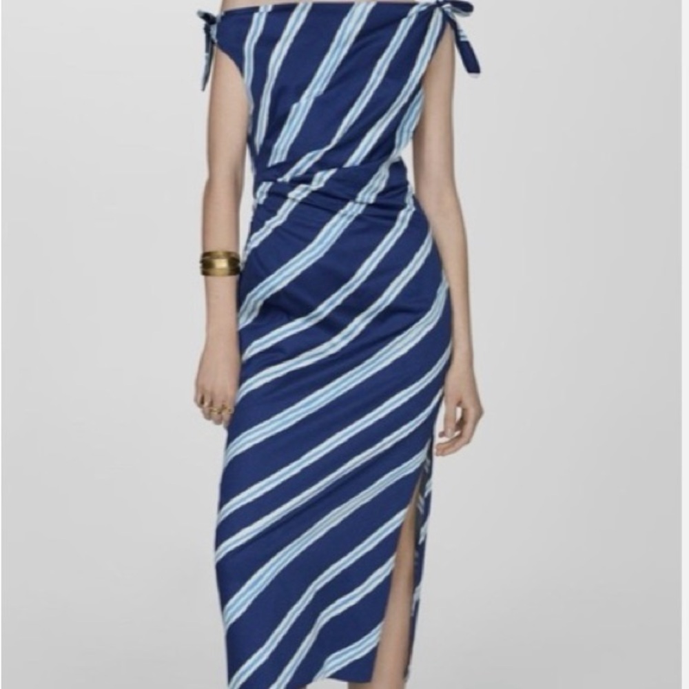 Mango One Shoulder Blue and White Dress